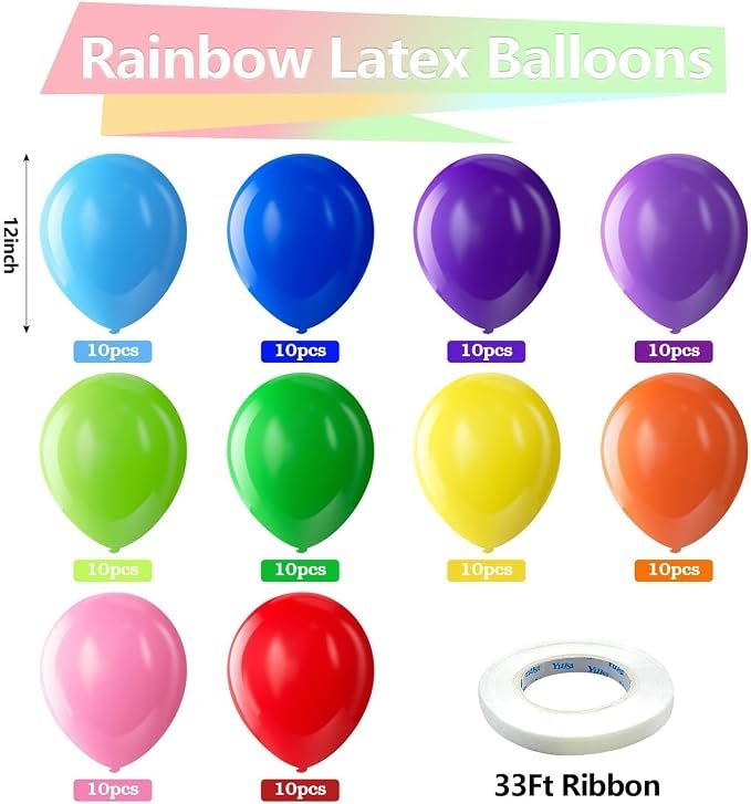 Assorted Latex Rainbow Balloons 100 Pack 12 inch Bright Color Ba - Image 6