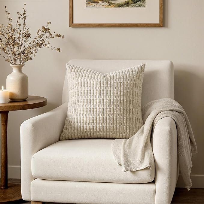 Corduroy Decorative Throw Pillow Covers 18x18 Cream - Image 2