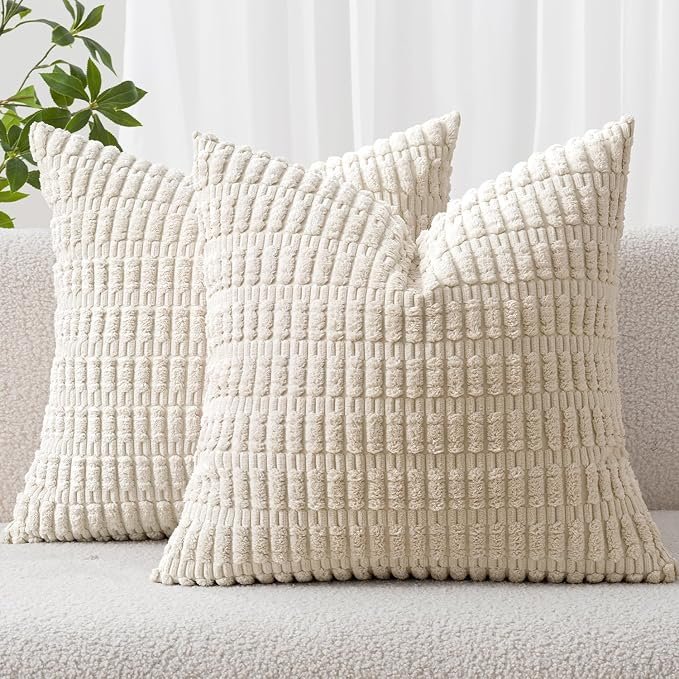 Corduroy Decorative Throw Pillow Covers 18x18 Cream