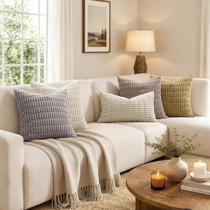 Corduroy Decorative Throw Pillow Covers 18x18 Cream - Image 6