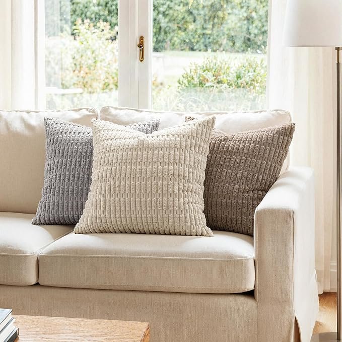 Corduroy Decorative Throw Pillow Covers 18x18 Cream - Image 7